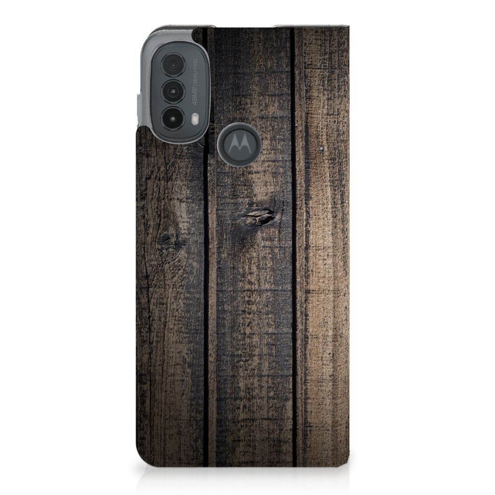 Motorola Moto E20 Book Wallet Case Steigerhout steigerhout design achterkant