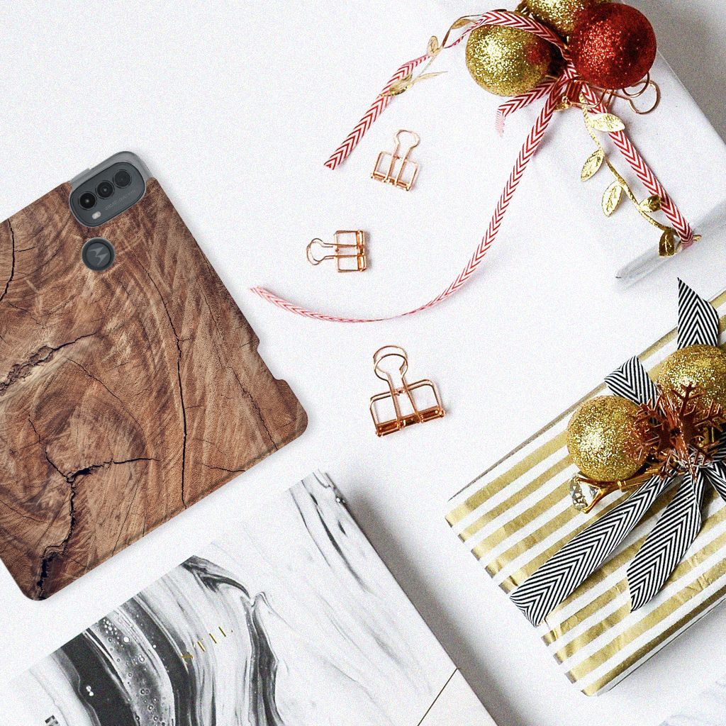 Motorola Moto E20 Book Wallet Case Tree Trunk houtprint aanzicht