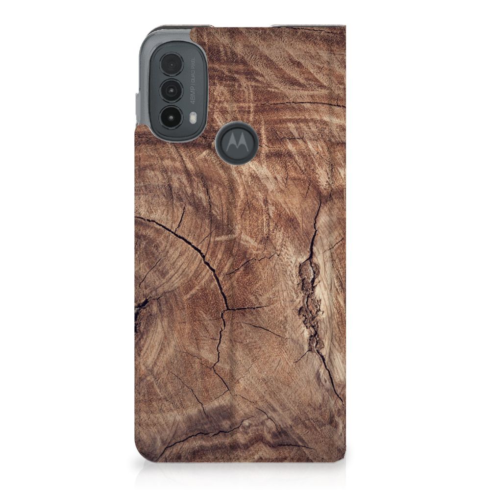 Motorola Moto E20 Book Wallet Case Tree Trunk houtprint achterkant