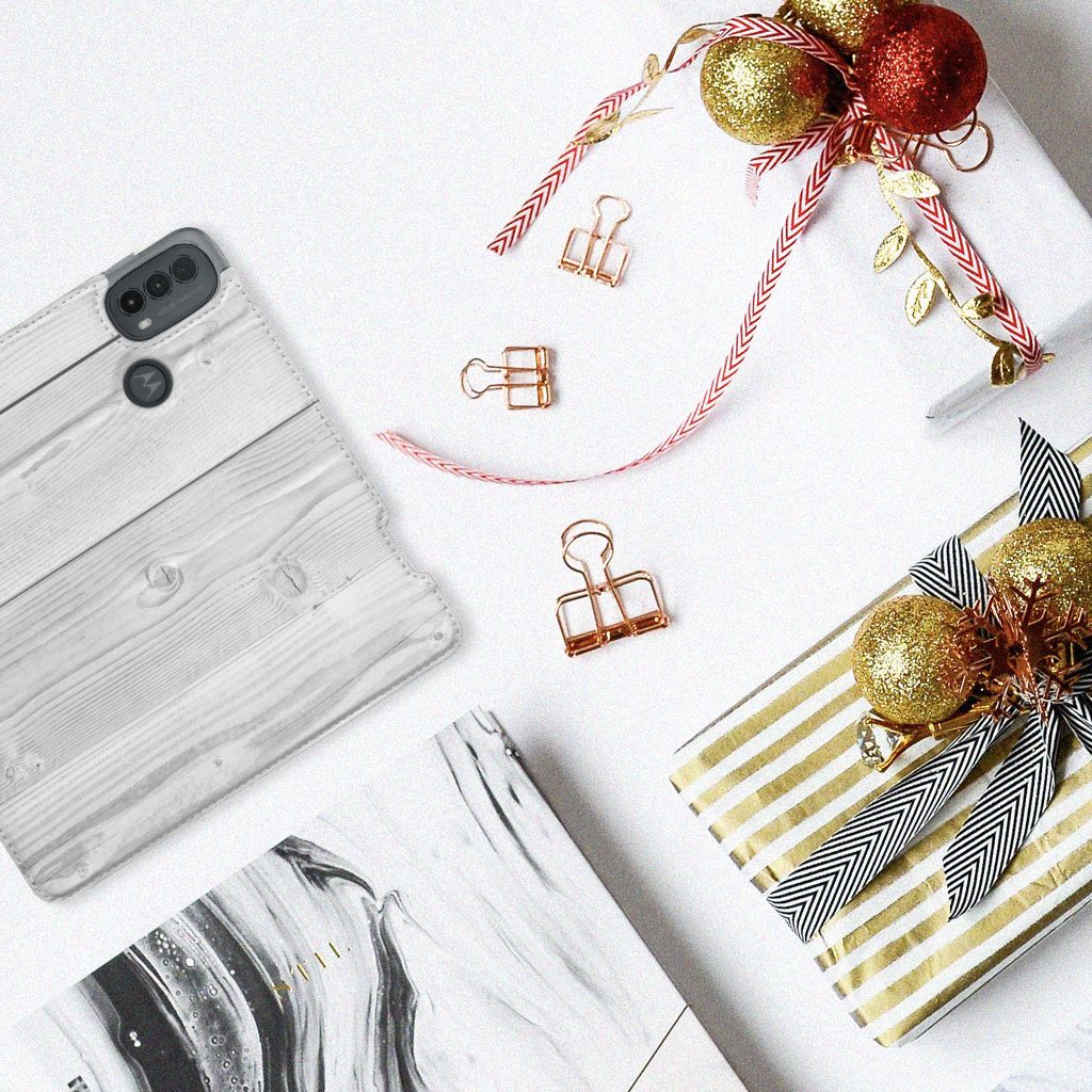 Motorola Moto E20 Book Wallet Case White Wood case bovenaanzicht decoratie kerst