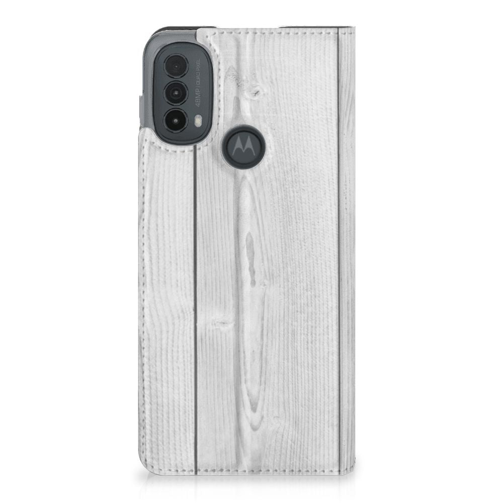 Motorola Moto E20 Book Wallet Case White Wood book case achterzijde design wit hout