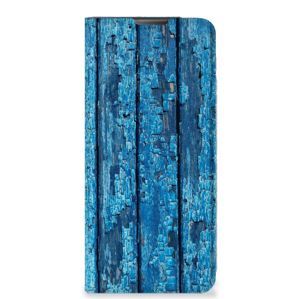 Motorola Moto E20 Book Wallet Case Wood Blue afgebladderd blauw hout voorkant