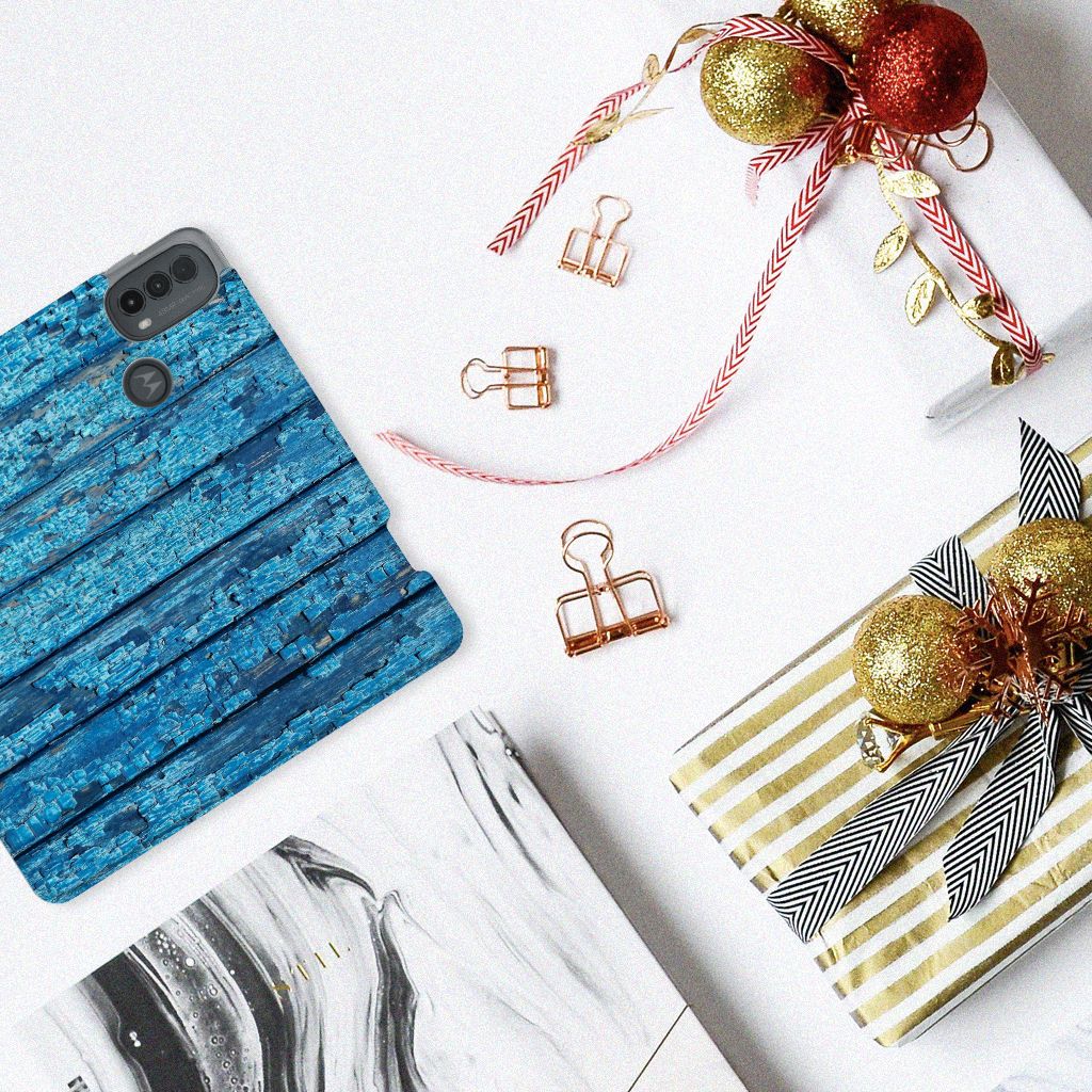 Motorola Moto E20 Book Wallet Case Wood Blue design blauw hout bovenaanzicht