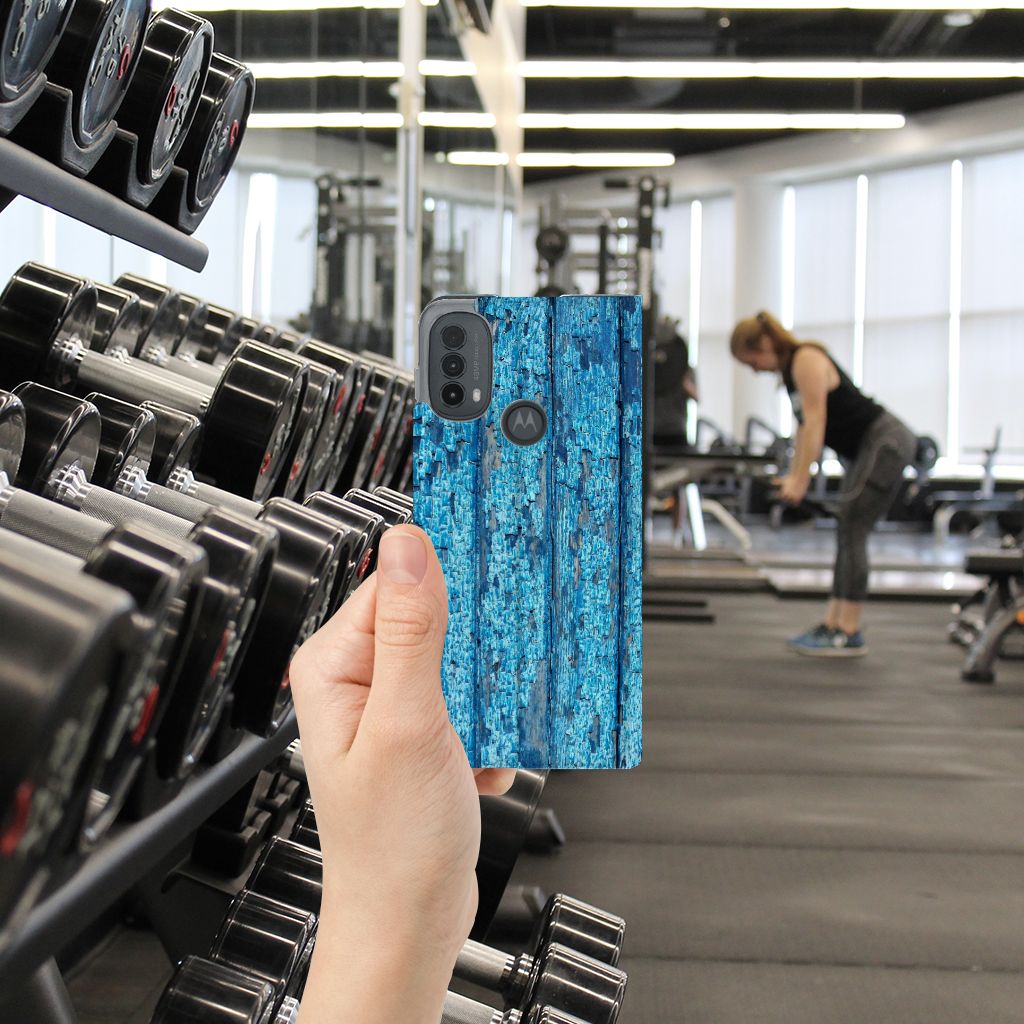 Motorola Moto E20 Book Wallet Case Wood Blue hand fitness ruimte design hout blauw