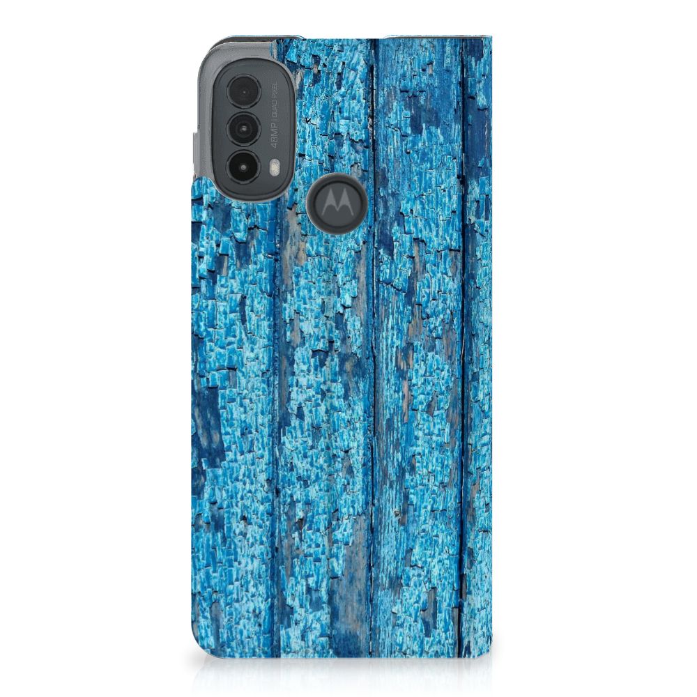 Motorola Moto E20 Book Wallet Case Wood Blue blauw hout design voorkant