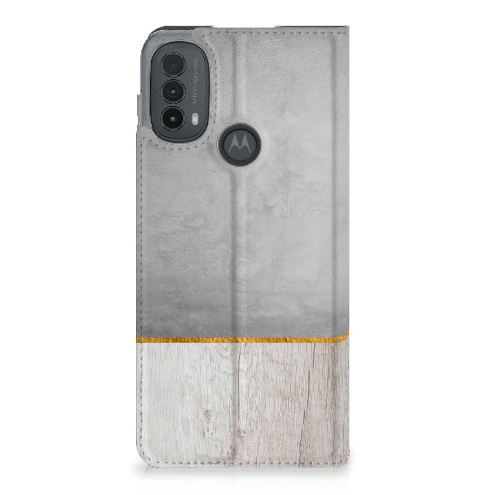 Motorola Moto E20 Book Wallet Case Wood Concrete achteraanzicht