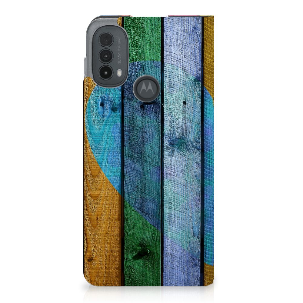 Motorola Moto E20 Book Wallet Case Wood Heart achterkant kleurrijk hout patroon