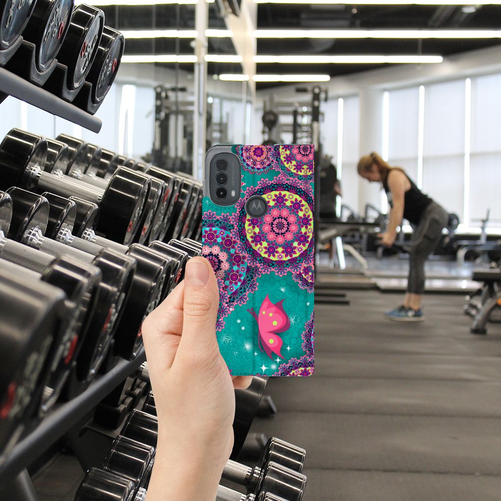 Motorola Moto E20 Bookcase Cirkels en Vlinders hand aanzicht gym