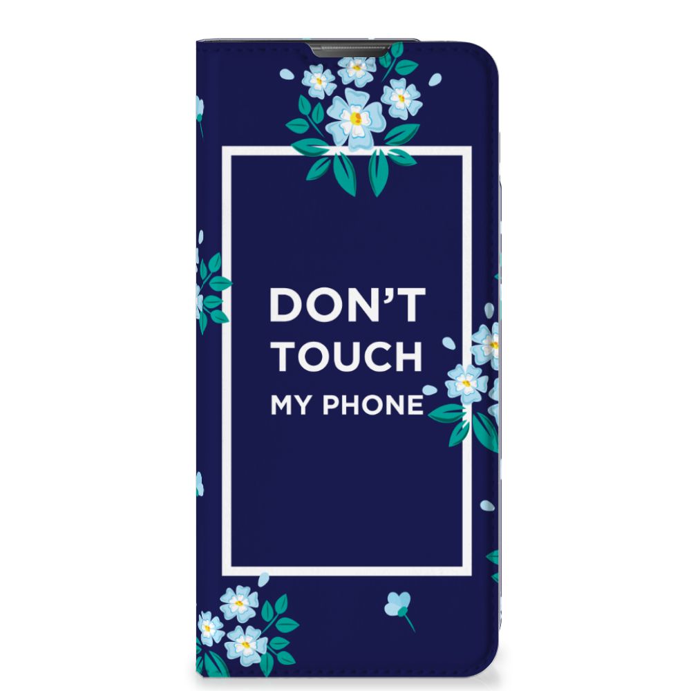 Motorola Moto E20 Design Case Flowers Blue DTMP voorkant met bloemen en tekst Don't Touch My Phone