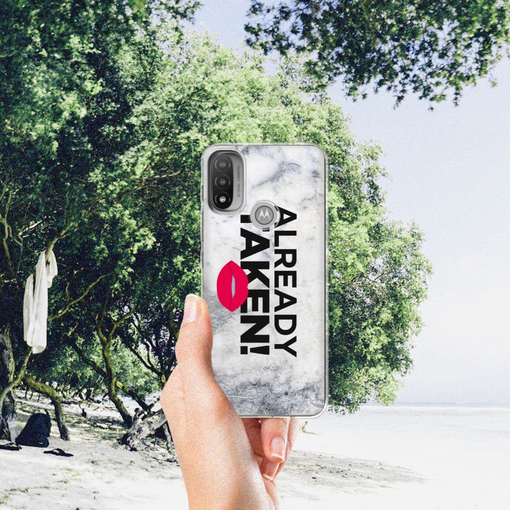 Motorola Moto E20 | E40 Siliconen hoesje met naam Already Taken White hand marmerstijl text strand