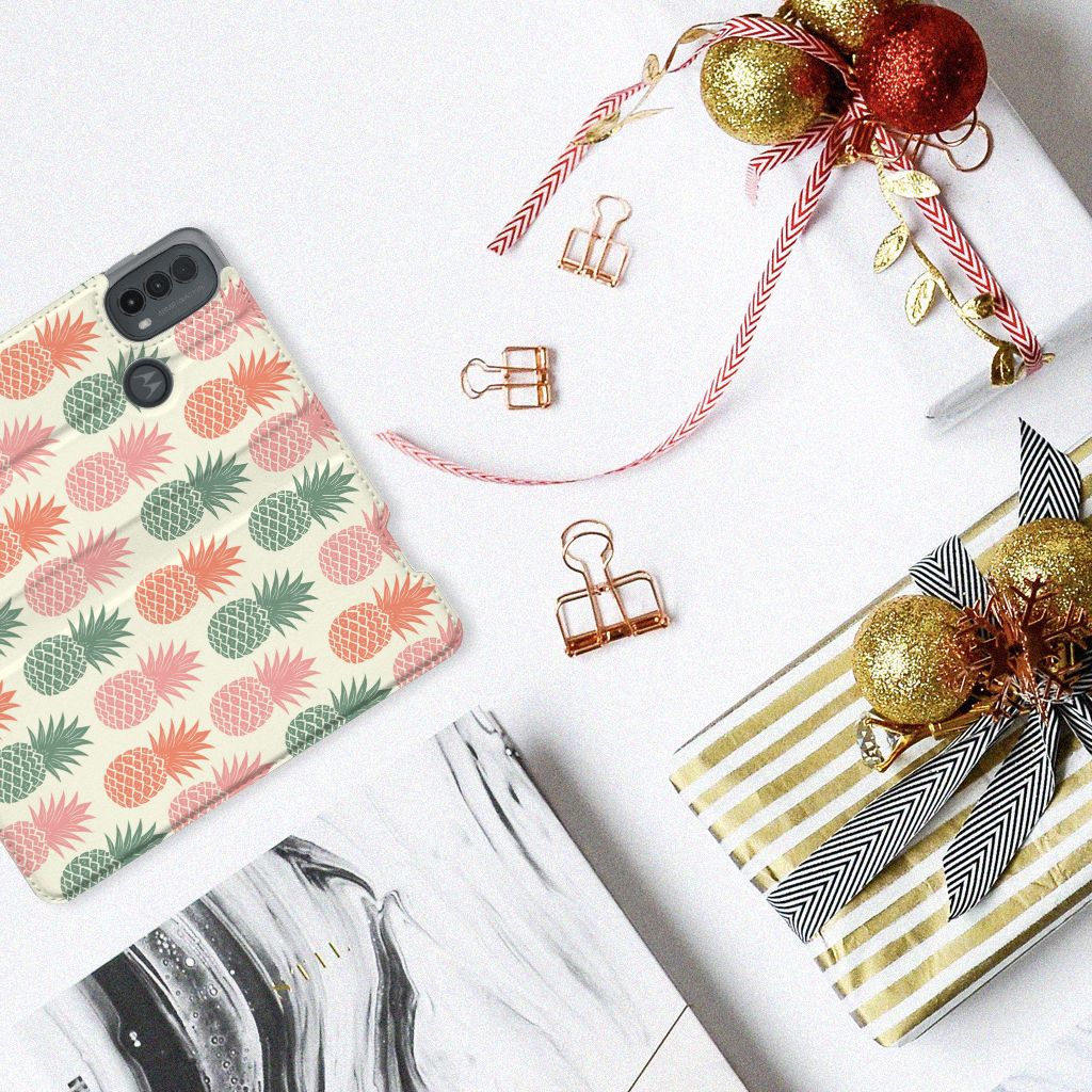 Motorola Moto E20 Flip Style Cover Ananas ananas design bovenaanzicht