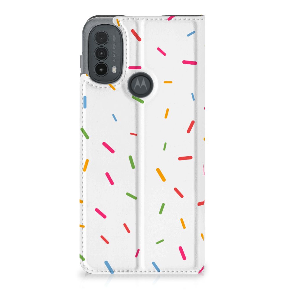 Motorola Moto E20 Flip Style Cover Donut Roze hoesje sprinkles design aanzicht