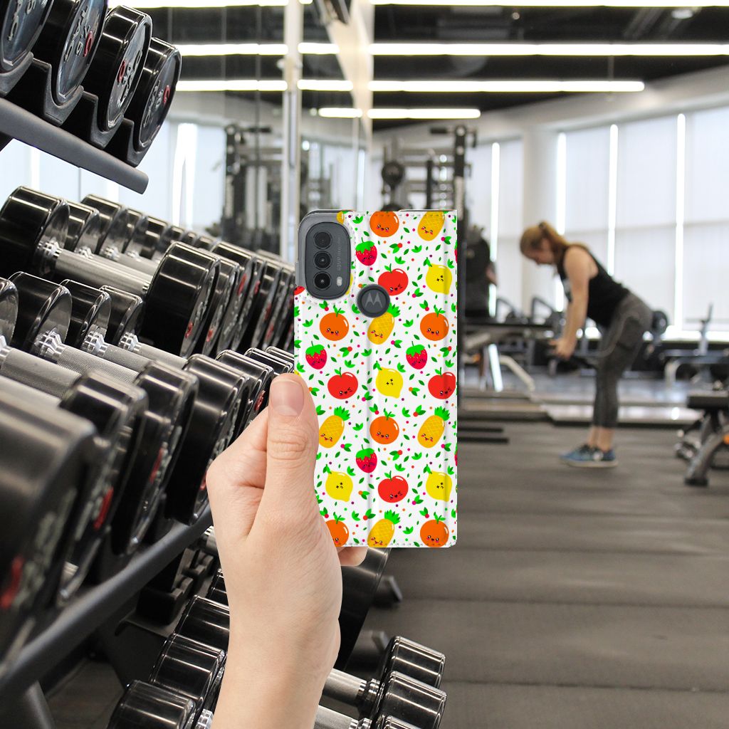 Motorola Moto E20 Flip Style Cover Fruits frisse fruitige design hand gym