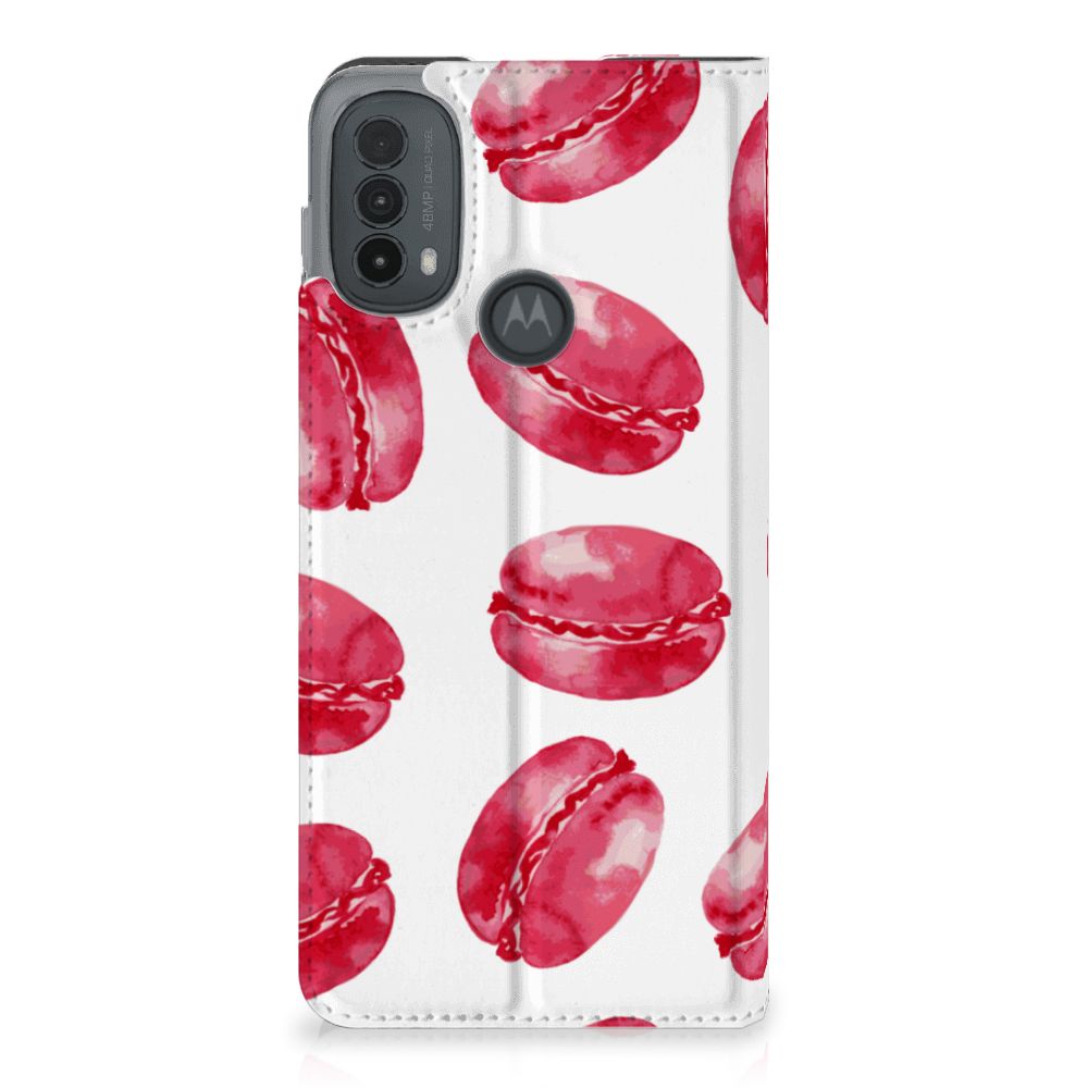 Motorola Moto E20 Flip Style Cover Pink Macarons design roze macarons aanzicht