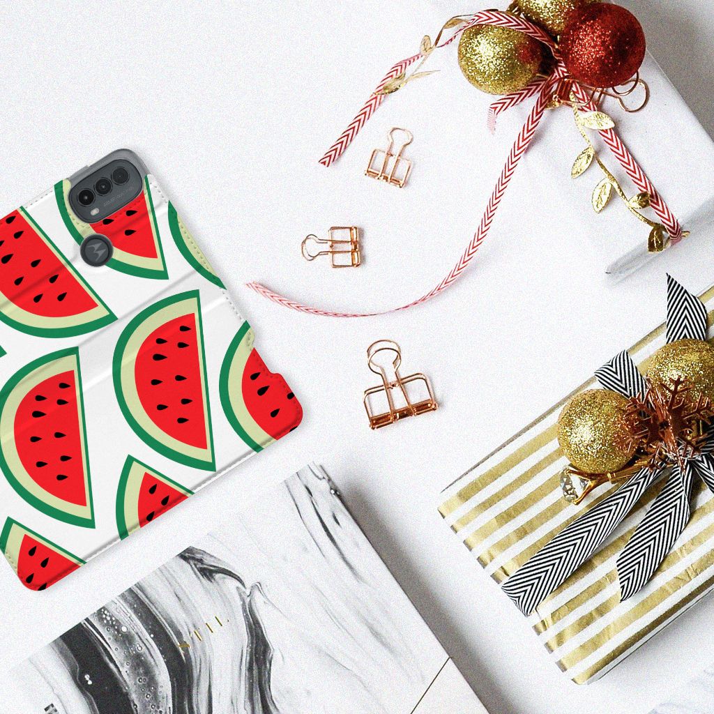Motorola Moto E20 Flip Style Cover Watermelons design bovenaanzicht
