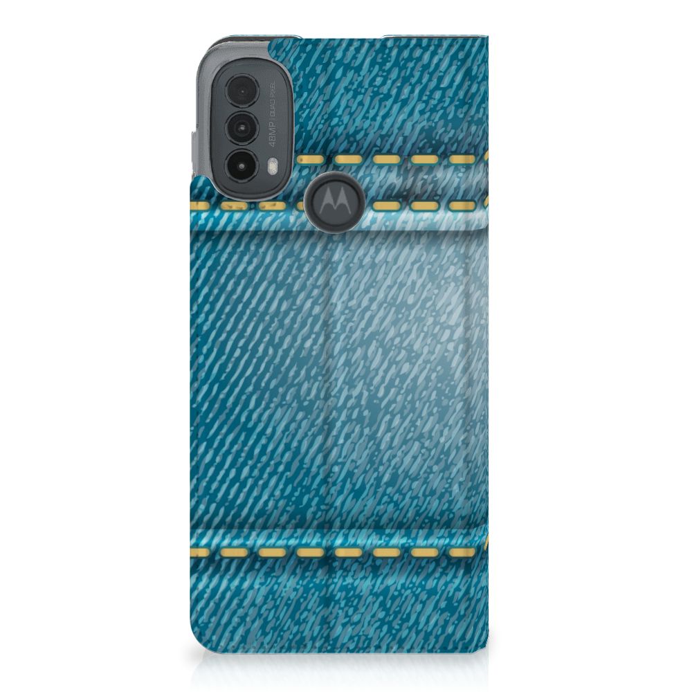Motorola Moto E20 Hippe Standcase Jeans jeans print achterkant