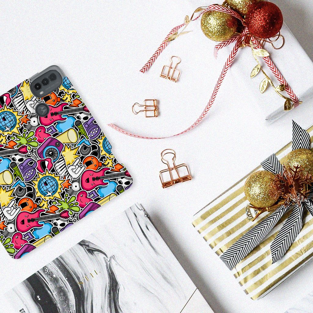 Motorola Moto E20 Hippe Standcase Punk Rock design kleurrijk aanzicht