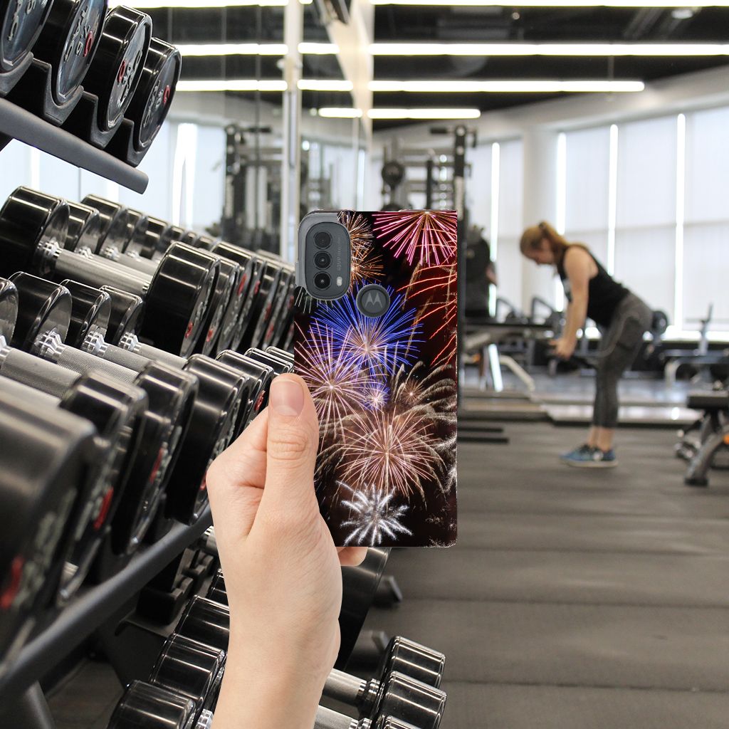 Motorola Moto E20 Hippe Standcase Vuurwerk siervuurwerk hand gym apparatuur