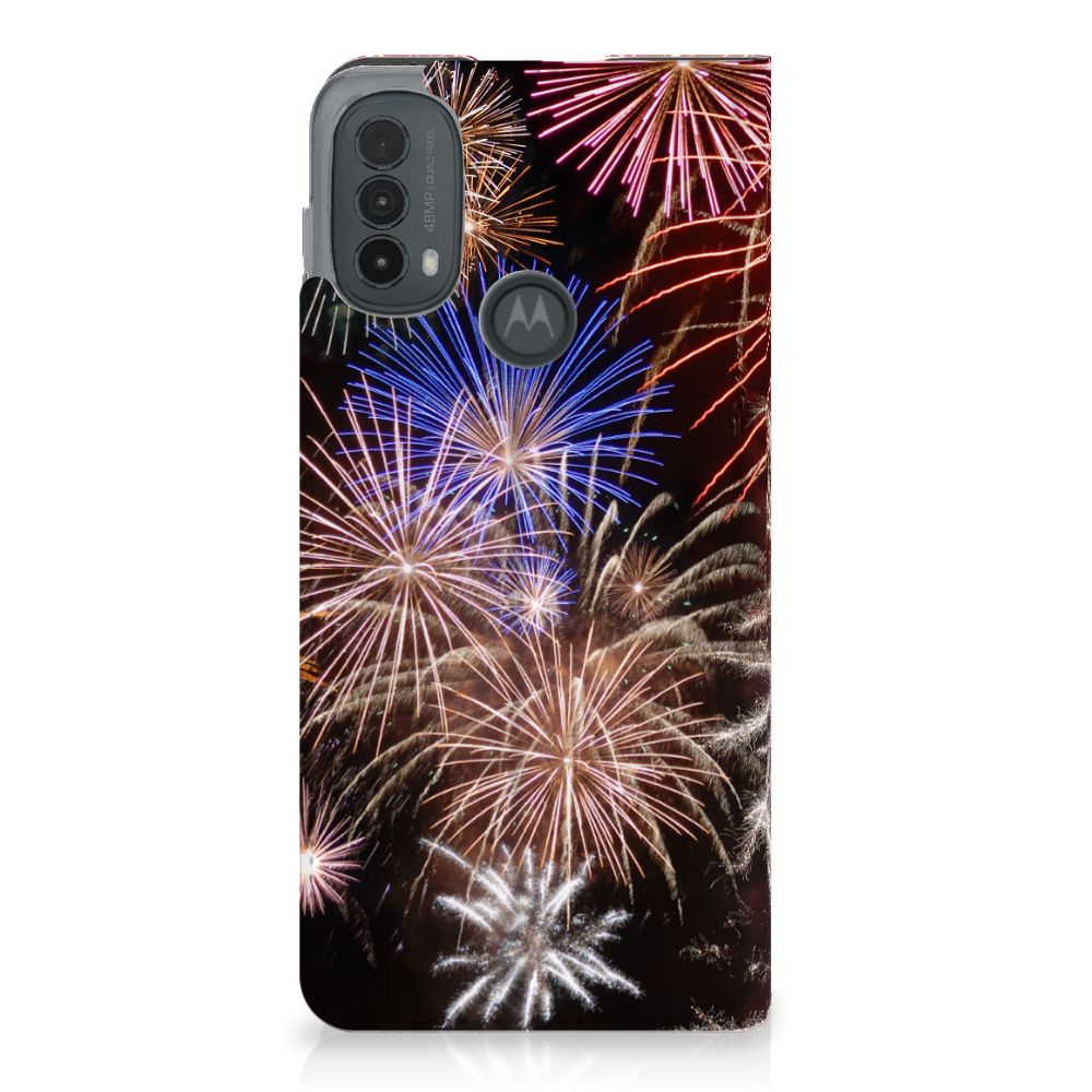 Motorola Moto E20 Hippe Standcase Vuurwerk siervuurwerk kleurrijk achterkant