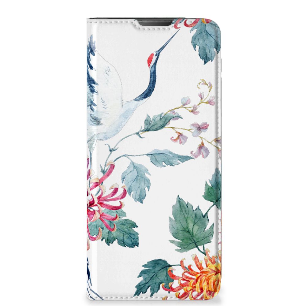 Motorola Moto E20 Hoesje maken Bird Flowers design bloemen ooievaar aanzicht