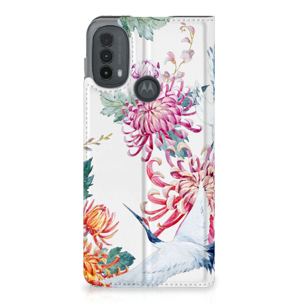 Motorola Moto E20 Hoesje maken Bird Flowers bloemen ooievaar design achterzijde
