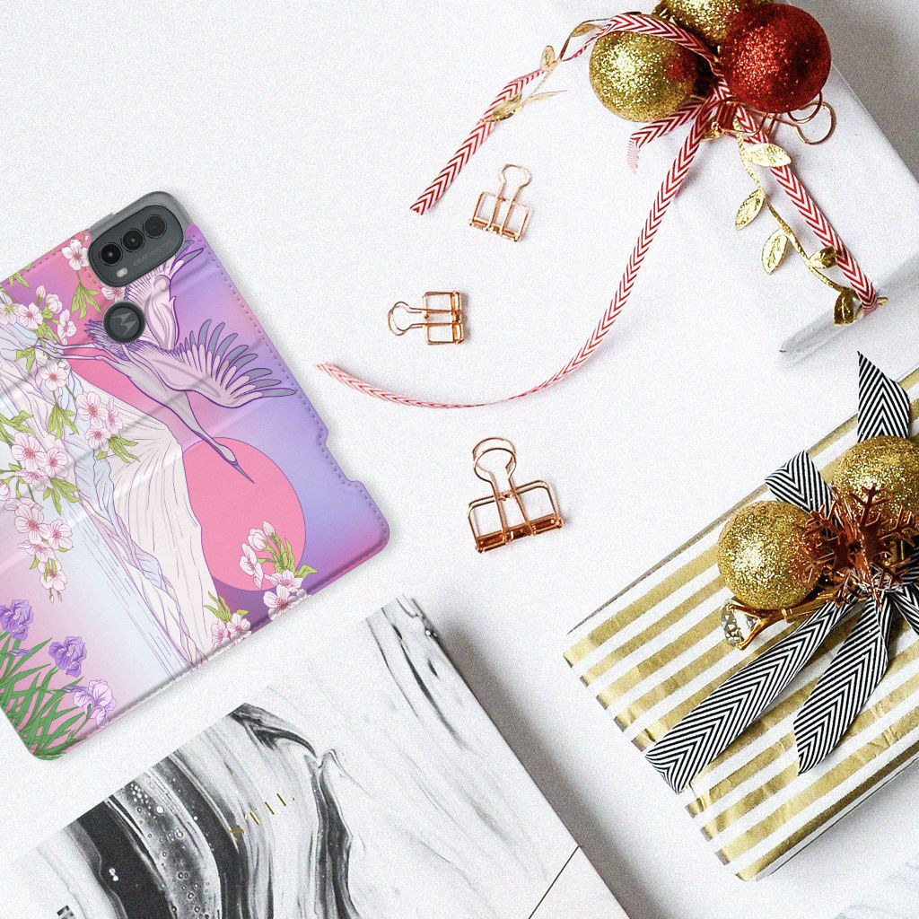 Motorola Moto E20 Hoesje maken Bird Flying kleurrijk design aanzicht
