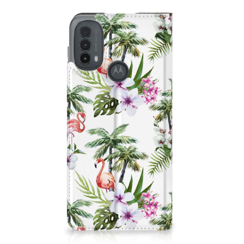 Motorola Moto E20 Hoesje maken Flamingo Palms design flamingo palmbomen voorzijde