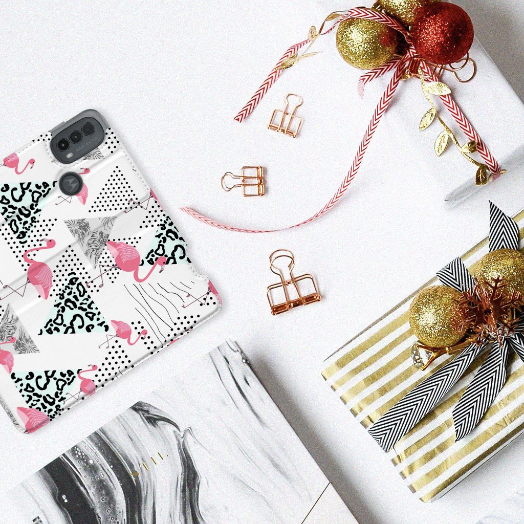 Motorola Moto E20 Hoesje maken Flamingo Triangle design flamingo triangle bovenaanzicht