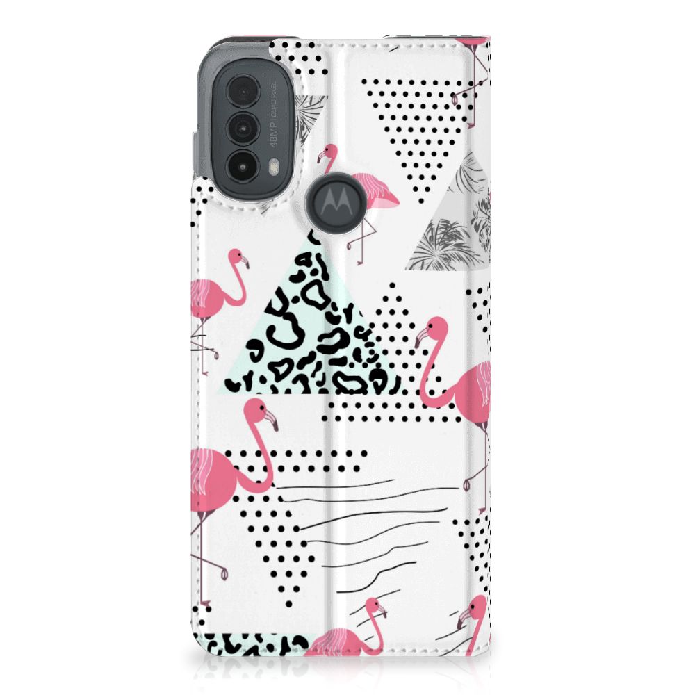 Motorola Moto E20 Hoesje maken Flamingo Triangle achterkant flamingo driehoek patroon