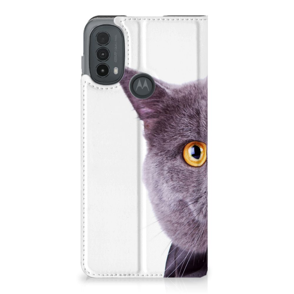 Motorola Moto E20 Hoesje maken Kat kattenprint grijs wit aanzicht