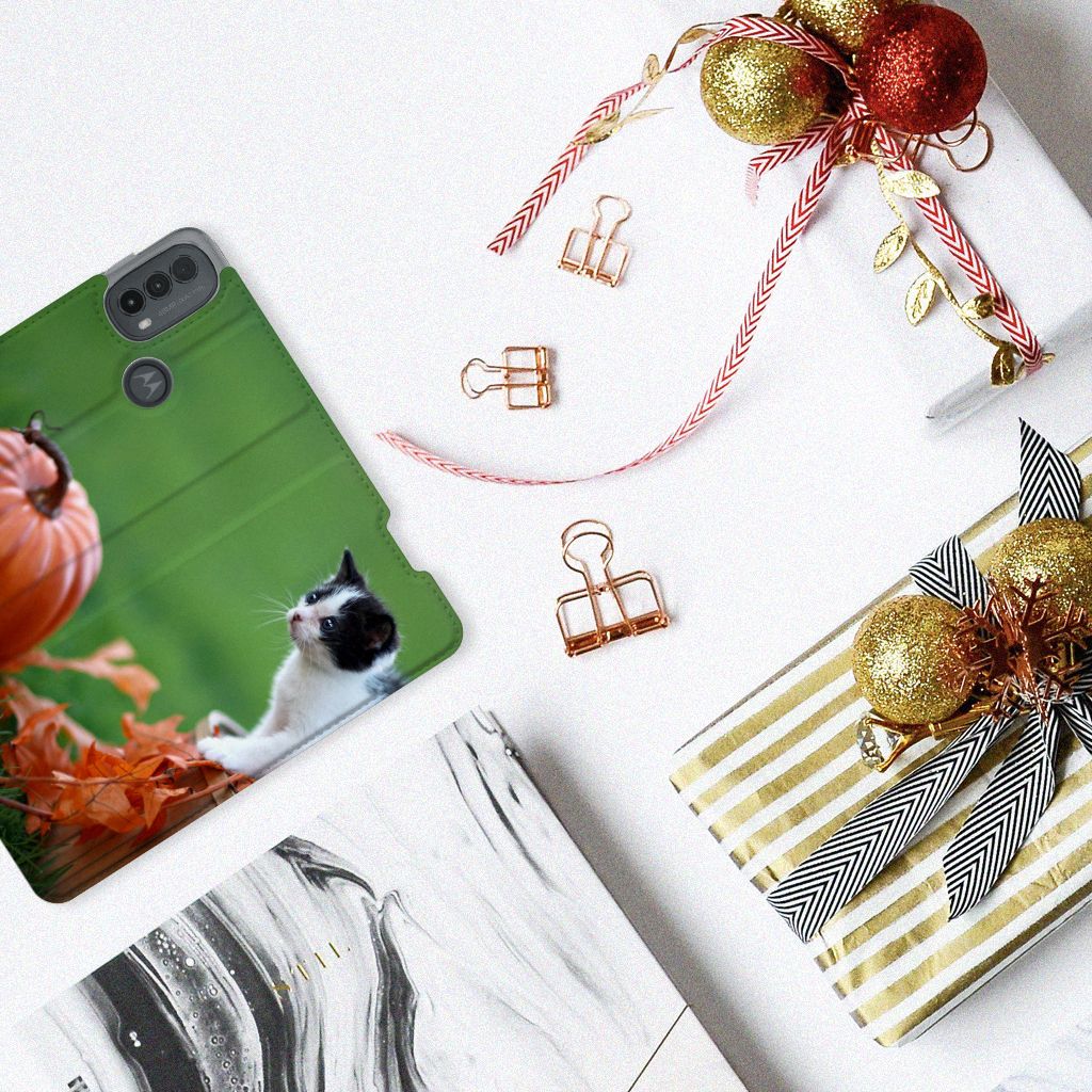 Motorola Moto E20 Hoesje maken Kitten smartphone hoesje kat pompoen herfst bladeren