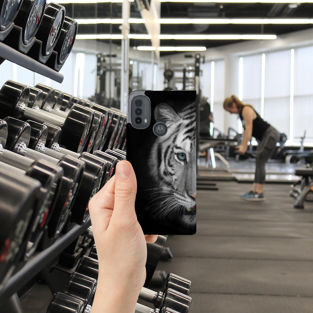 Motorola Moto E20 Hoesje maken Tijger stand wit tijger hand gym