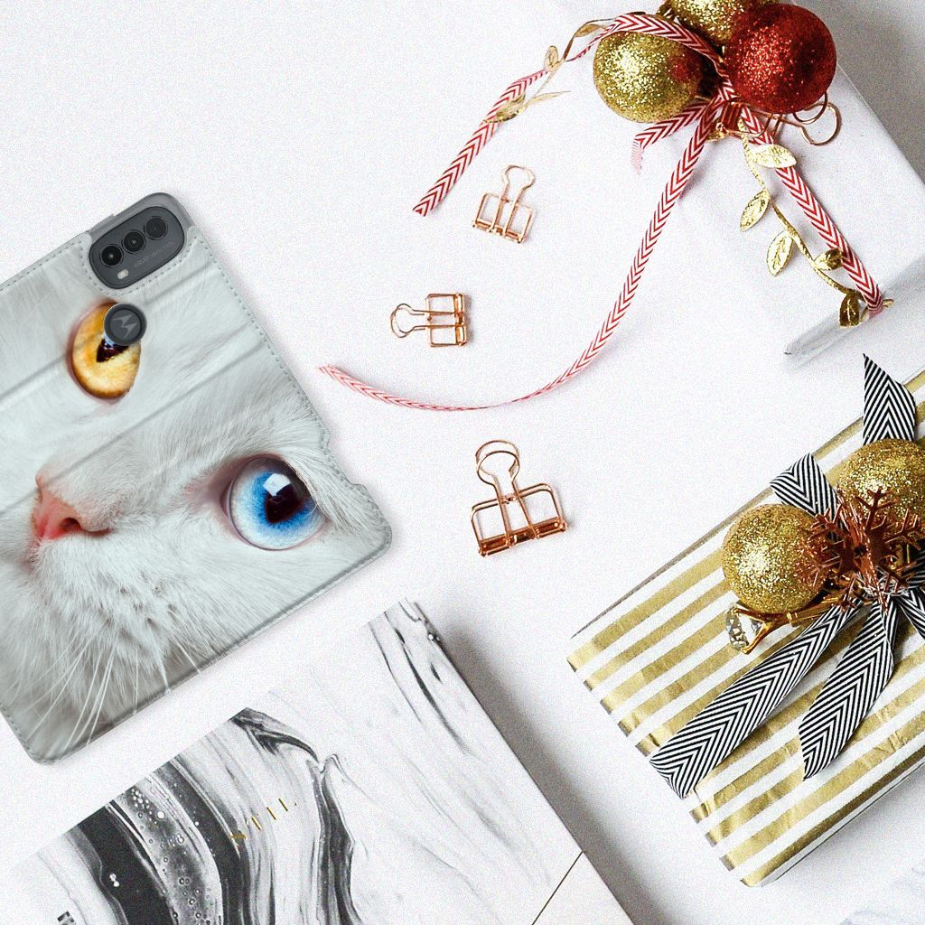 Motorola Moto E20 Hoesje maken Witte Kat ontwerp voorkant