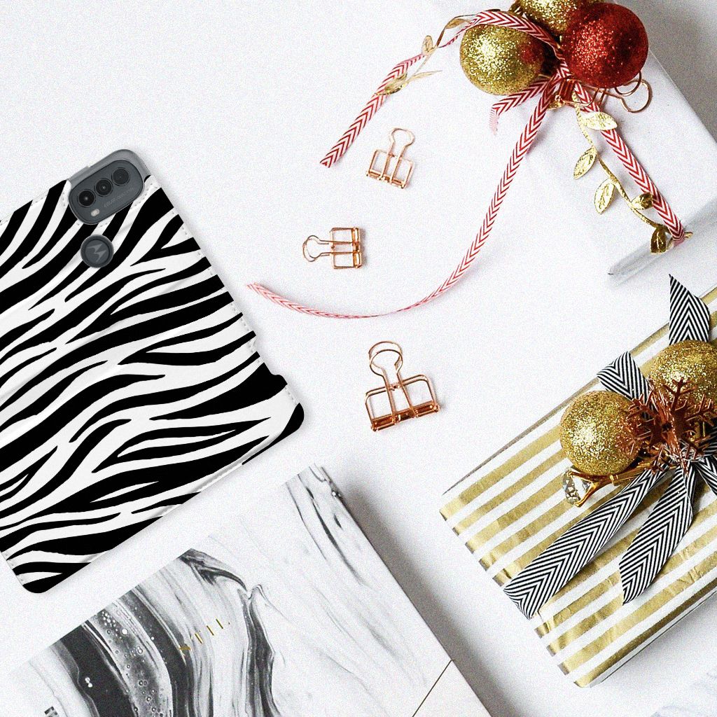 Motorola Moto E20 Hoesje maken Zebra zwart wit zebrapatronen aanzicht