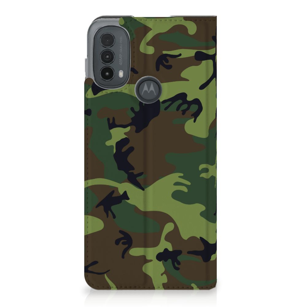 Motorola Moto E20 Hoesje met Magneet Army Dark camouflage design achterzijde