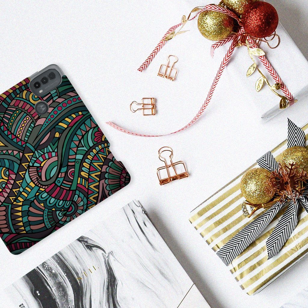 Motorola Moto E20 Hoesje met Magneet Aztec artistiek retro design bovenaanzicht