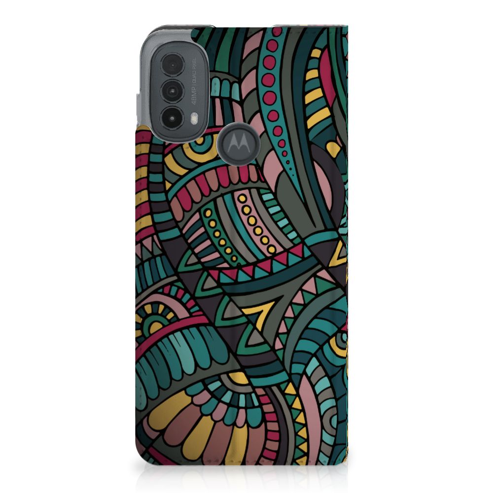 Motorola Moto E20 Hoesje met Magneet Aztec kleurrijk artistiek design achteraanzicht