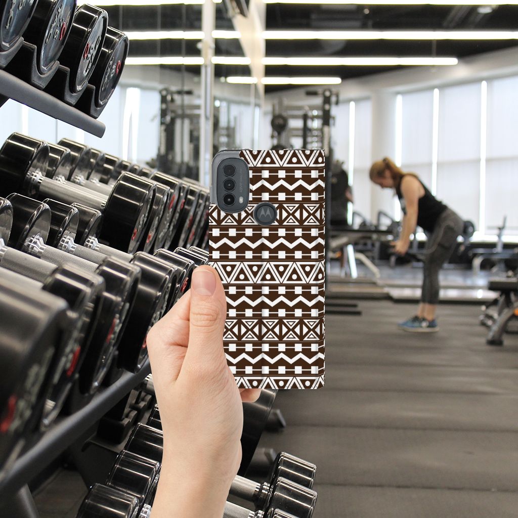 Motorola Moto E20 Hoesje met Magneet Aztec Brown design Aztec handgemaakt aanzicht