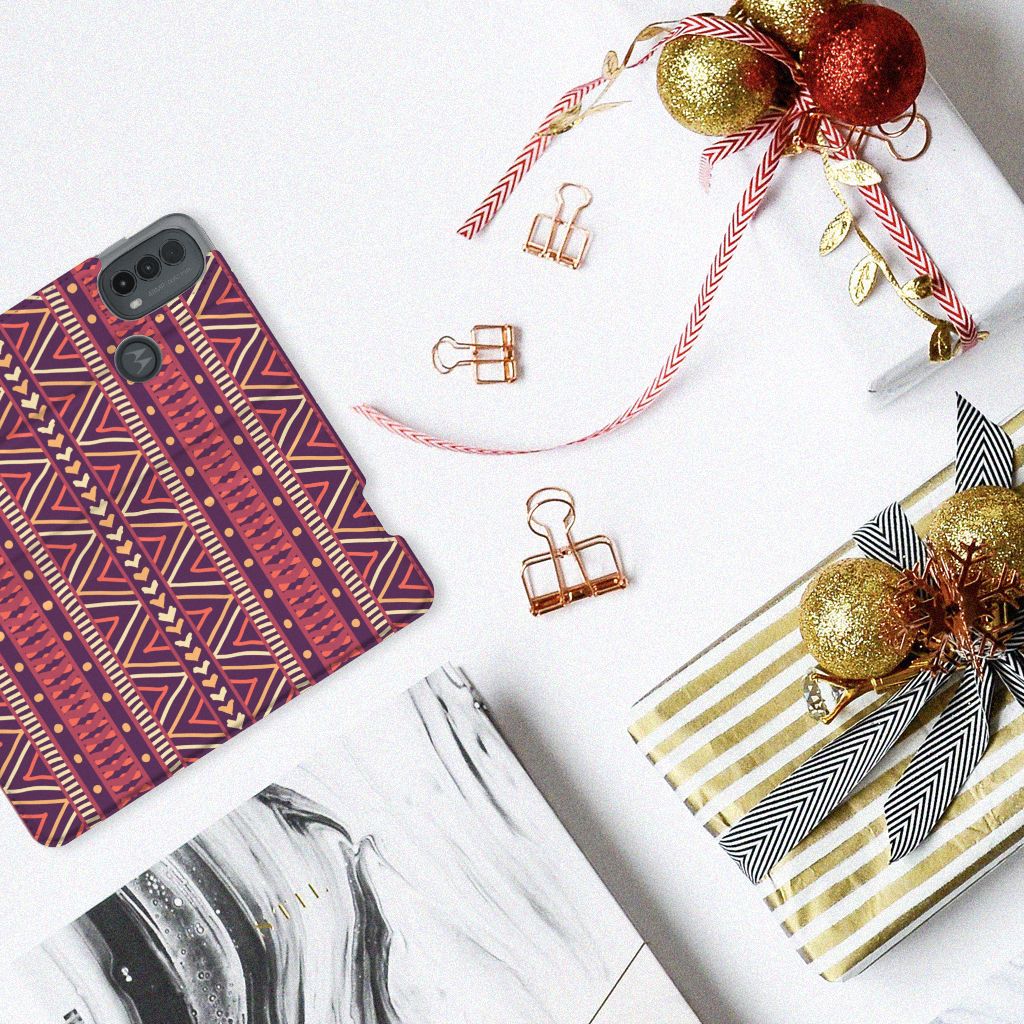 Motorola Moto E20 Hoesje met Magneet Aztec Paars design patroon bovenaanzicht