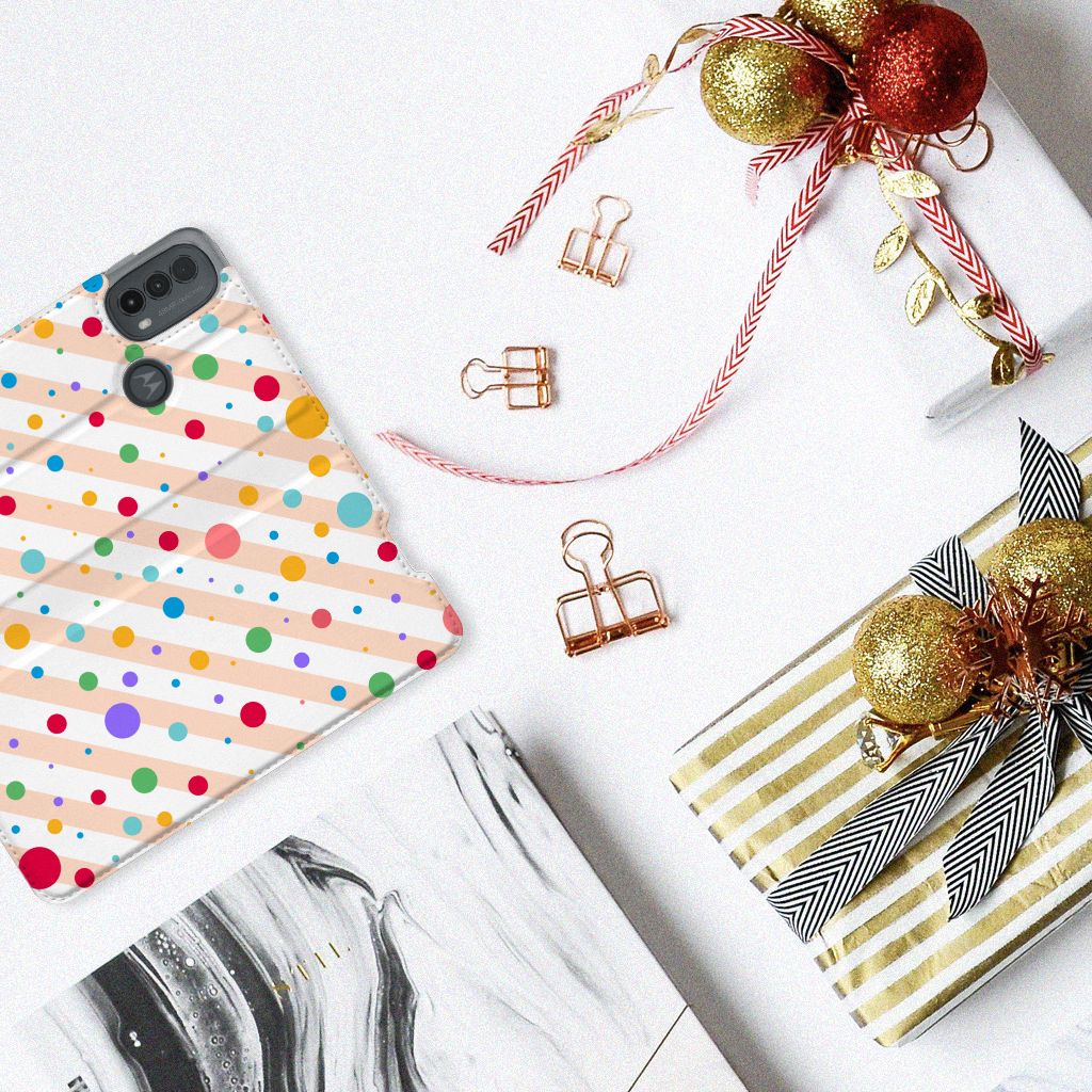Motorola Moto E20 Hoesje met Magneet Dots design Dots aanzicht