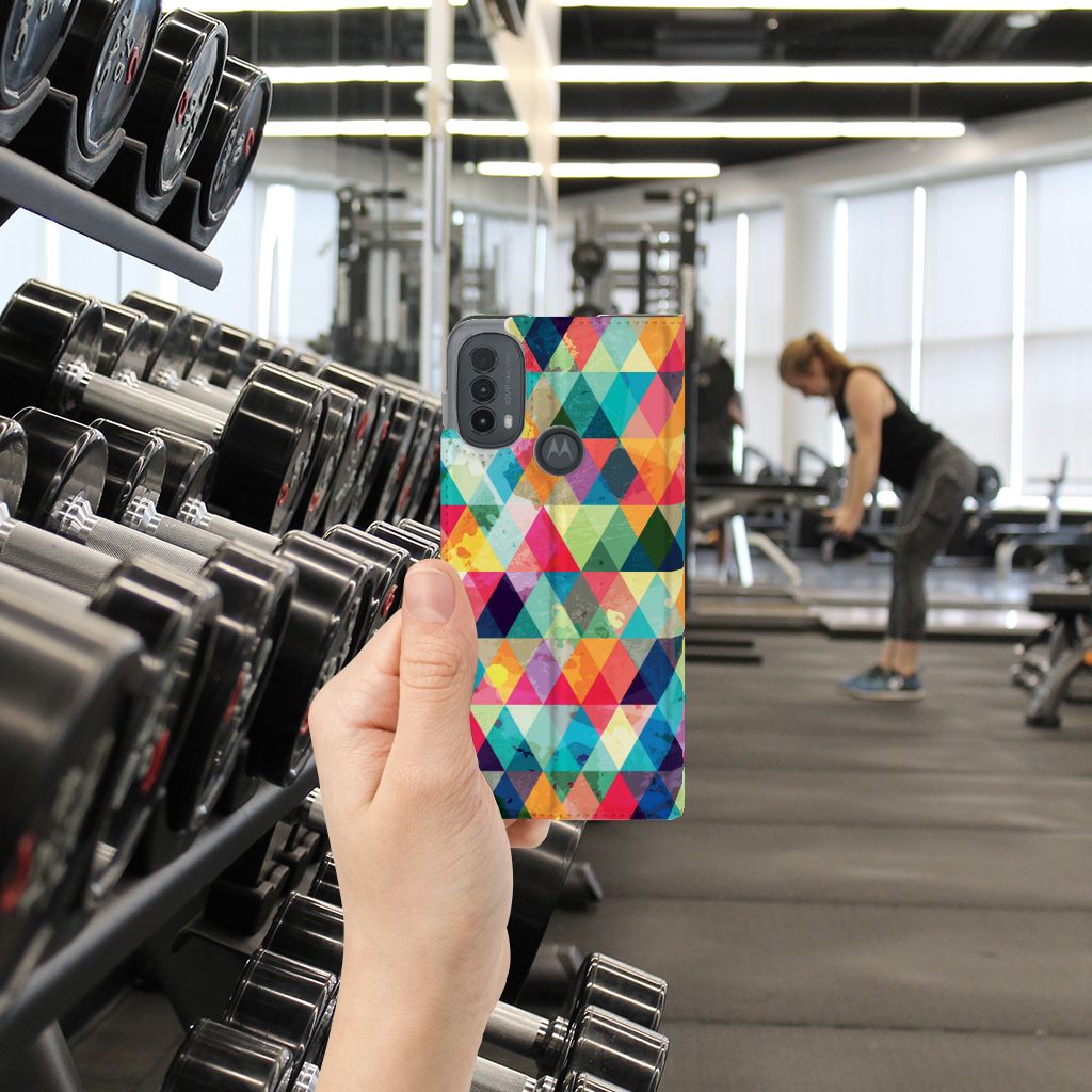 Motorola Moto E20 Hoesje met Magneet Geruit kleurrijk geometrisch ontwerp hand gym
