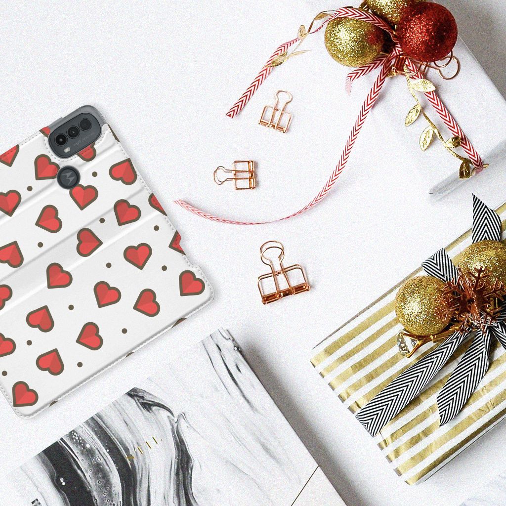 Motorola Moto E20 Hoesje met Magneet Hearts design hartjes bovenaanzicht