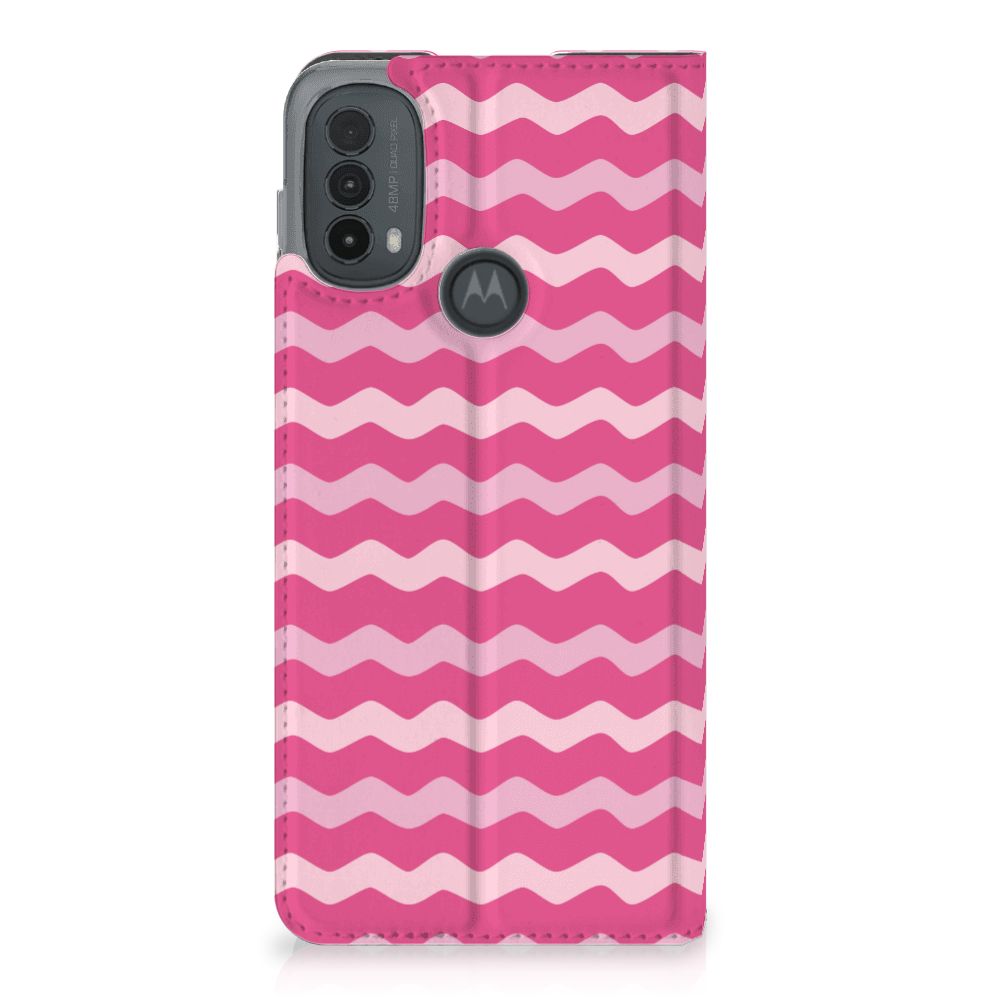Motorola Moto E20 Hoesje met Magneet Waves Pink flip case roze golven aanzicht