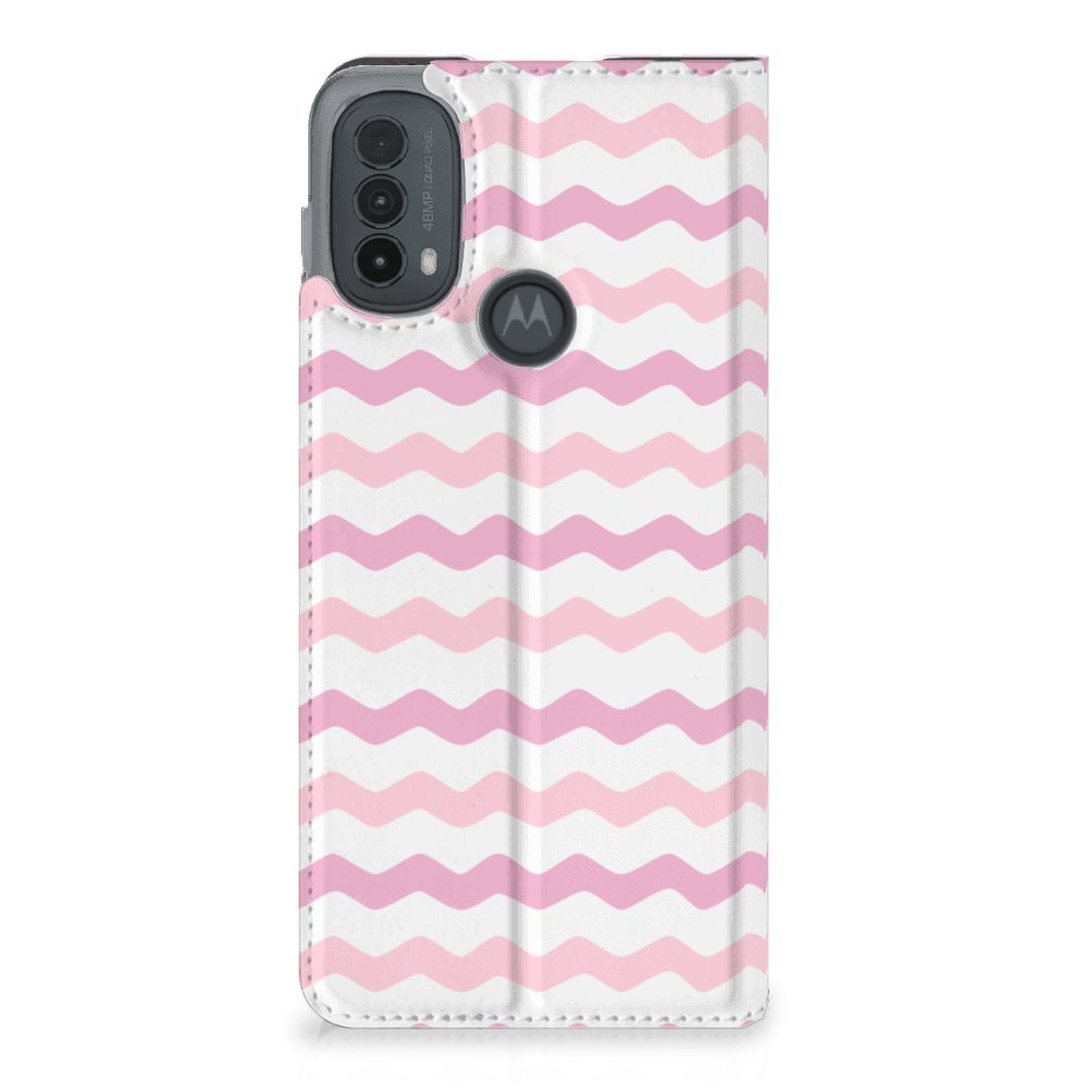 Motorola Moto E20 Hoesje met Magneet Waves Roze hoesje roze golfdesign achteraanzicht
