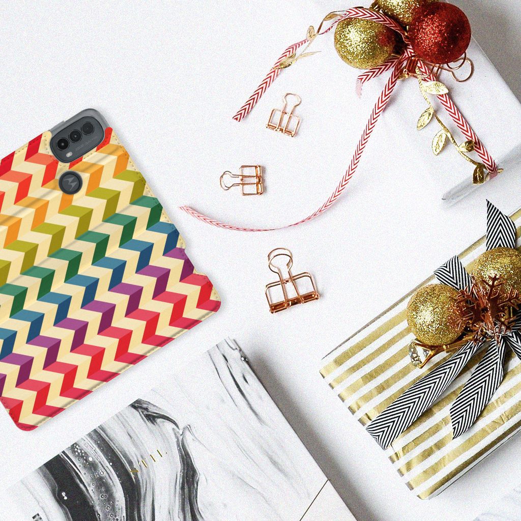 Motorola Moto E20 Hoesje met Magneet Zigzag Multi Color design bovenaanzicht