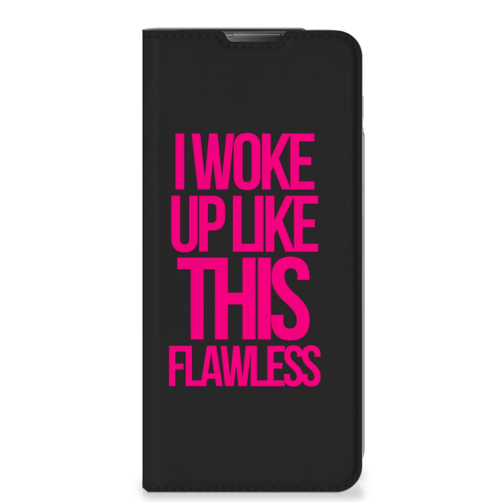 Motorola Moto E20 Hoesje met tekst Woke Up Origineel Cadeau Zelf Maken hoesje zwart design Woke Up aanzicht
