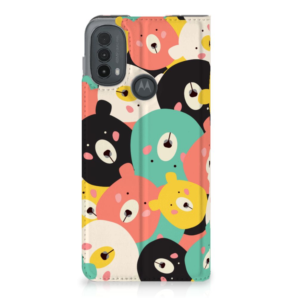 Motorola Moto E20 Magnet Case Bears ontwerp beertjes kleurrijk aanzicht