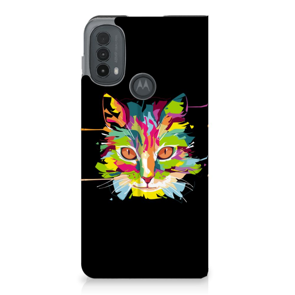 Motorola Moto E20 Magnet Case Cat Color voorkant kleurrijk kat ontwerp