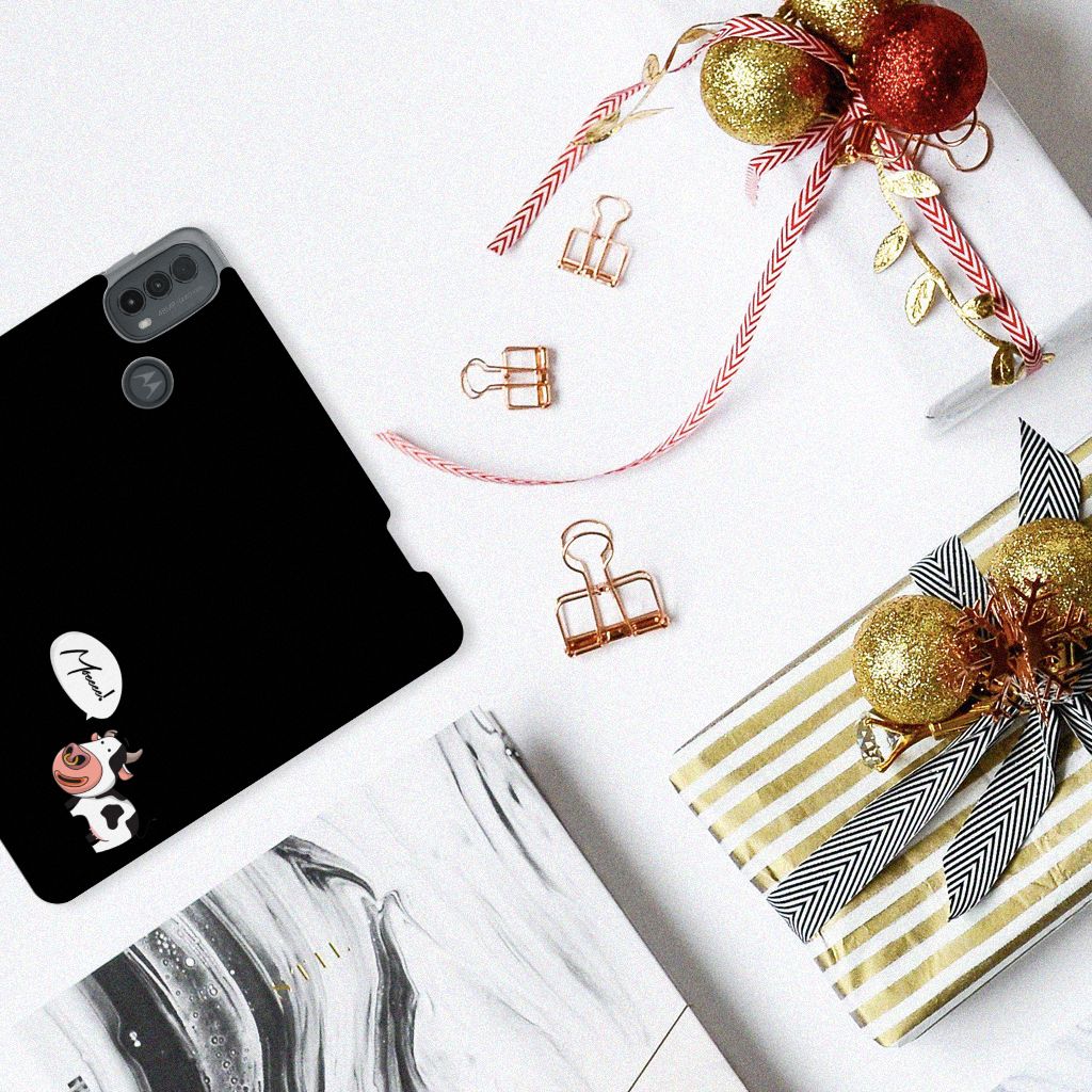 Motorola Moto E20 Magnet Case Cow zwart design bovenaanzicht