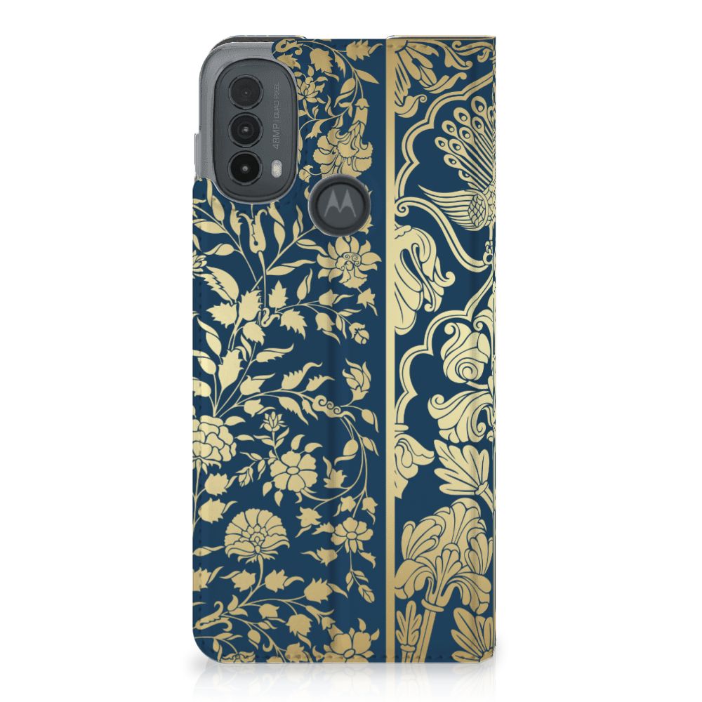 Motorola Moto E20 Smart Cover Beige Flowers design bloemen donkerblauw